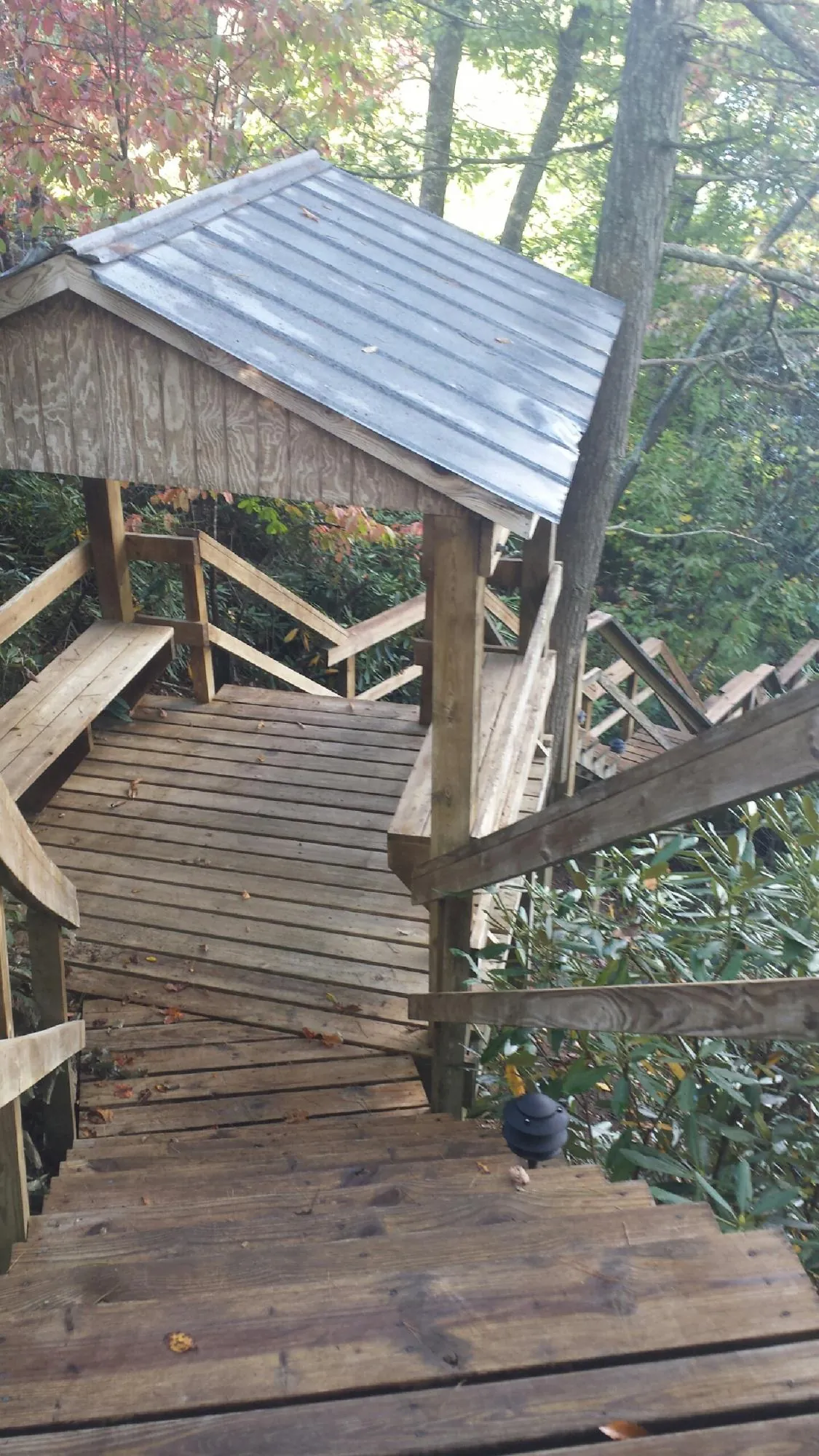Metal roofed shelter over wooden steps on a wooded walkway — Skylight Repair & Installation work by our crew in Santee